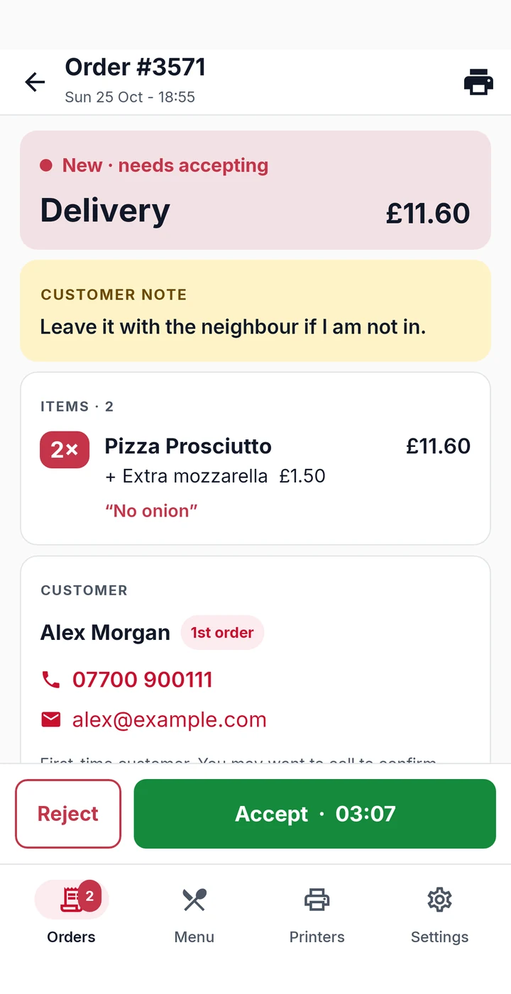 Chefzi order-taking app: a new £11.60 delivery order with a customer note, items, customer contact details, and Reject and Accept buttons with a countdown