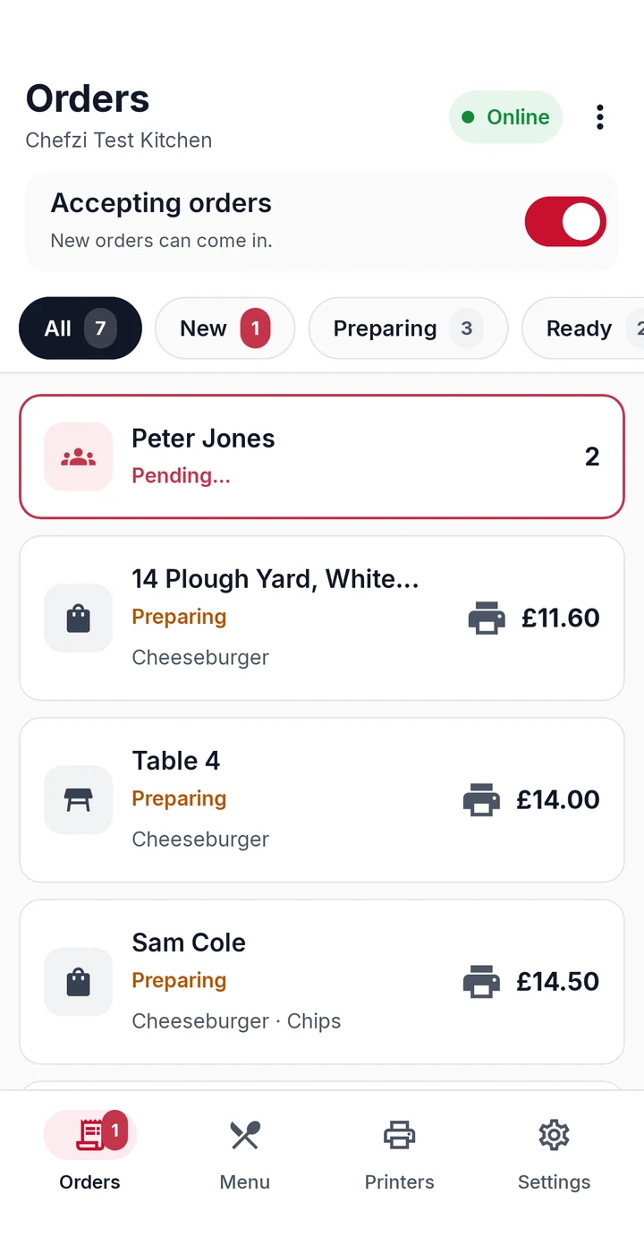 Chefzi order-taking app: the Orders screen with an Accepting orders switch, New, Preparing and Ready tabs, and a list of orders with totals