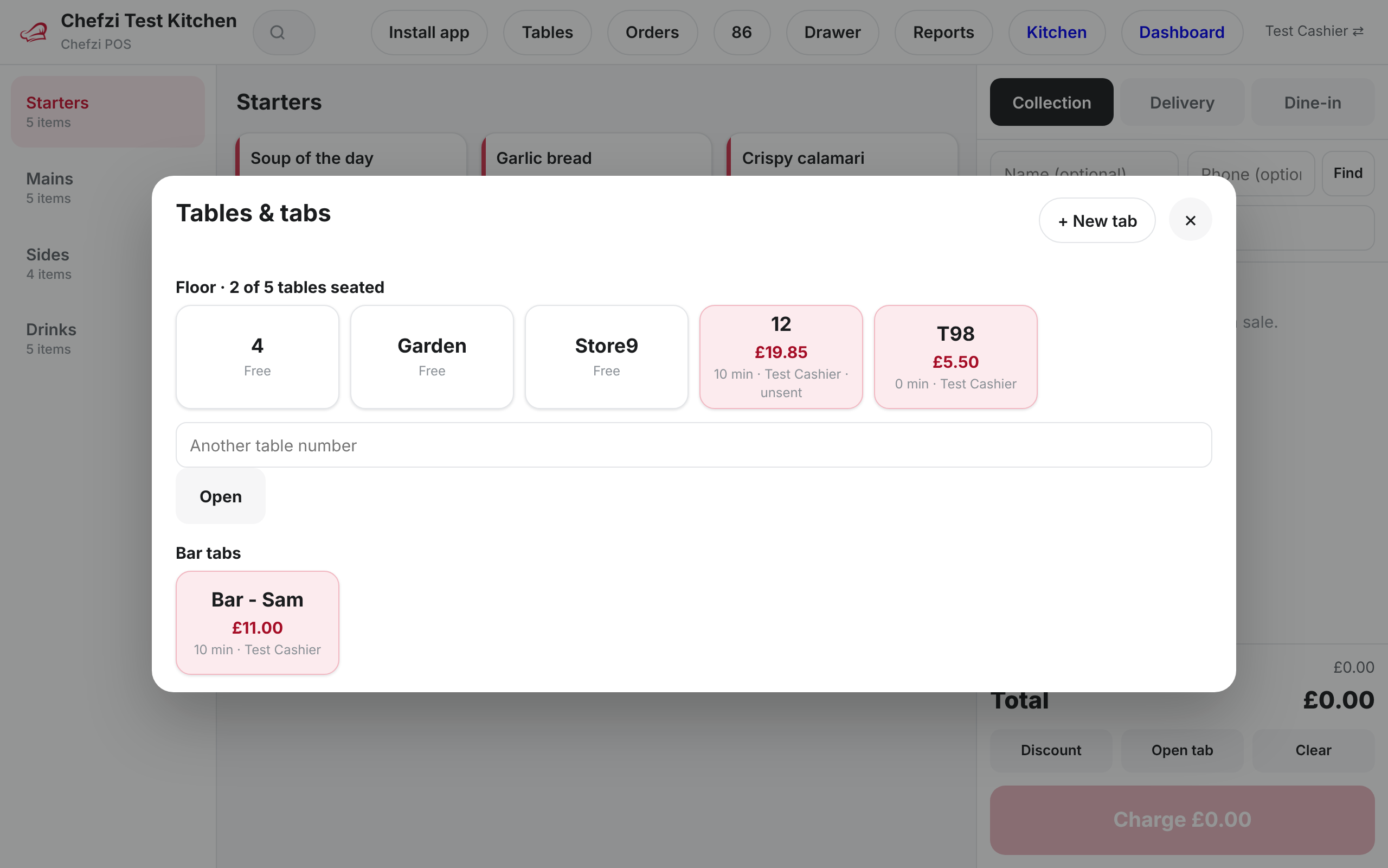Chefzi POS tables and tabs screen showing seated tables and an open bar tab