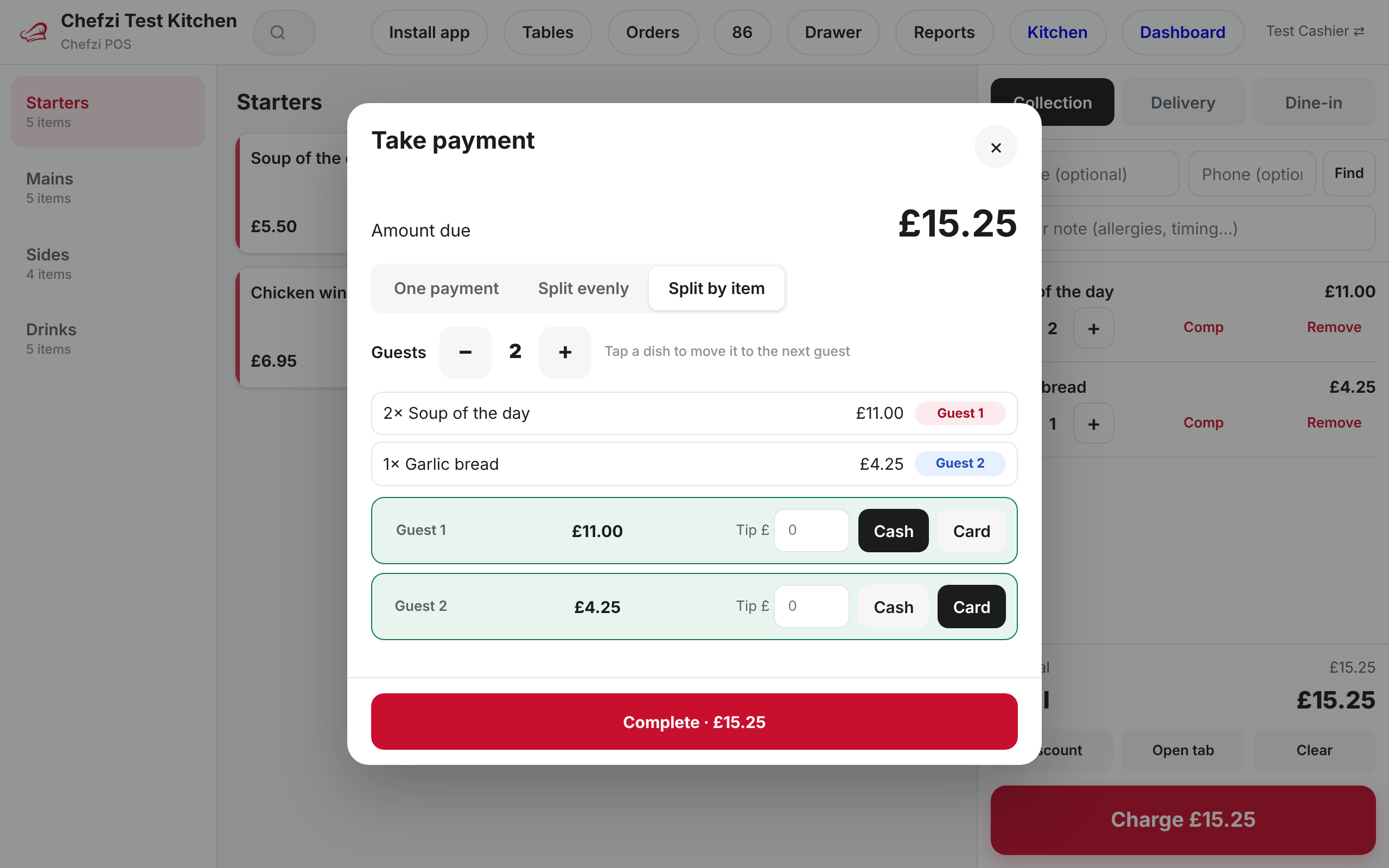 Chefzi POS take-payment screen splitting a bill by item between two guests