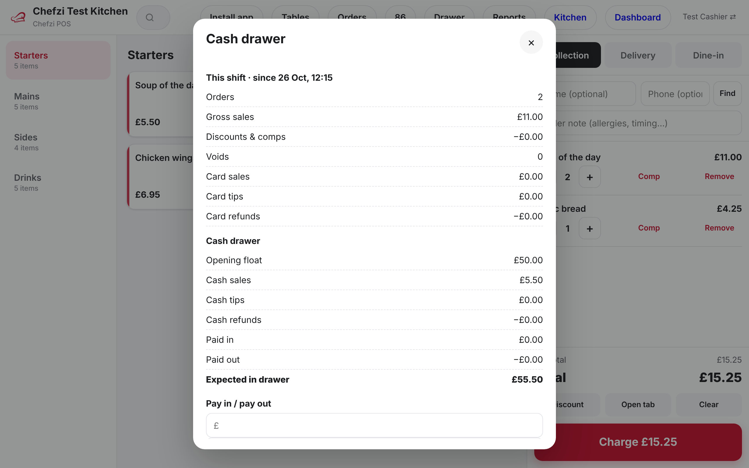 Chefzi POS cash drawer summary with float, cash sales and expected cash