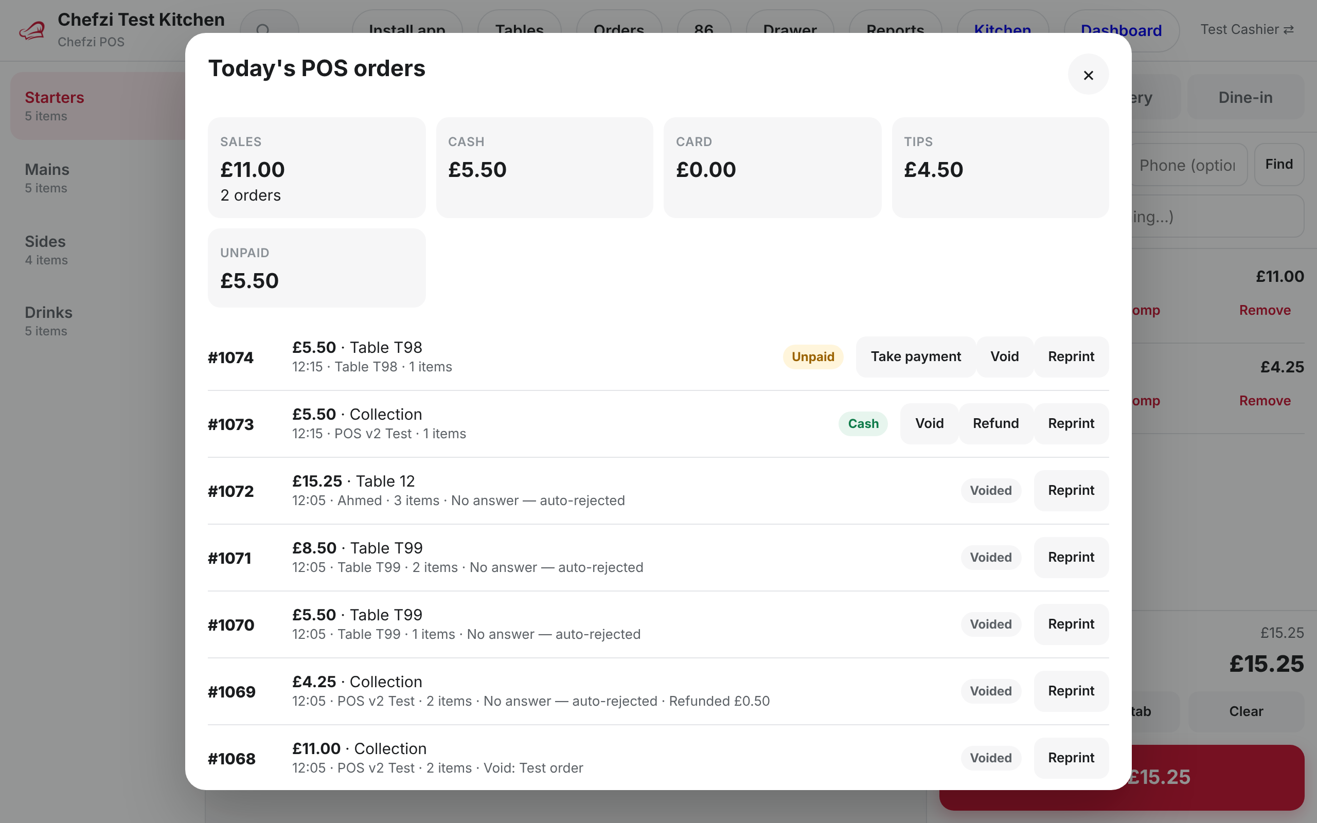 Chefzi POS today’s orders list with void and refund buttons