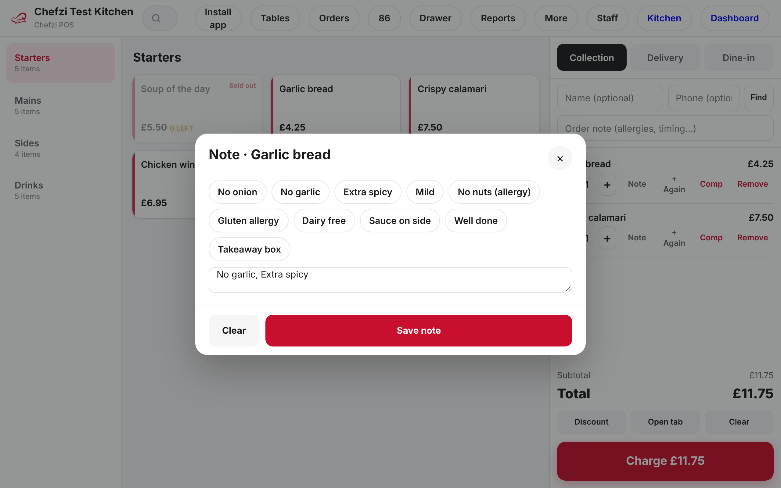 Chefzi POS till with the note panel open on a garlic bread item