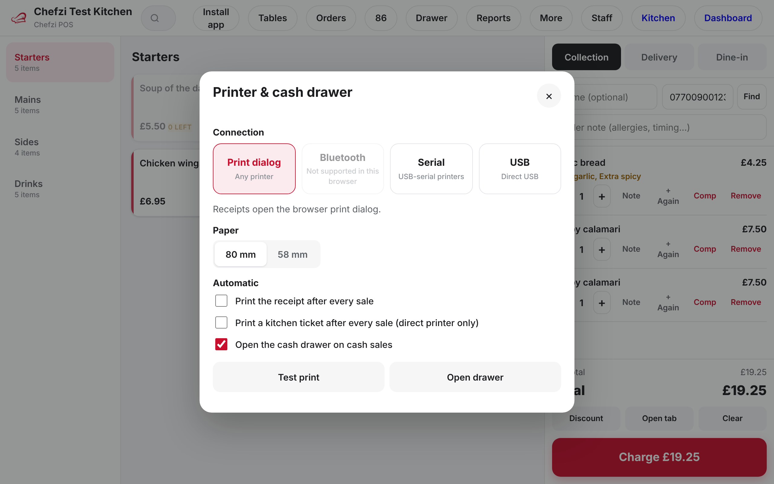 Chefzi POS printer and cash drawer settings