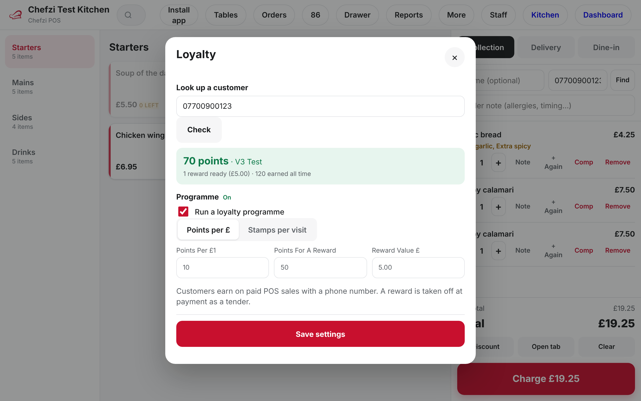Chefzi POS loyalty panel showing a customer’s points balance