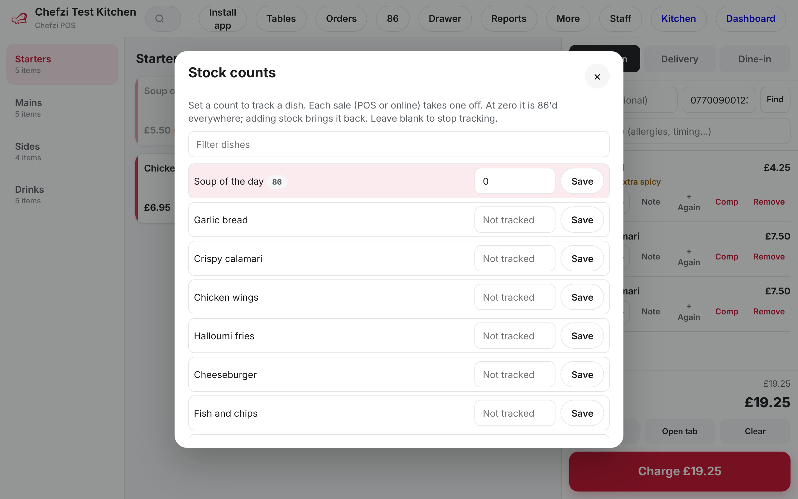 Chefzi POS stock counts panel listing menu items