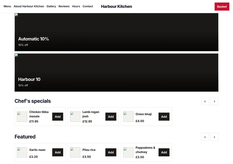 Harbour Kitchen ordering site, collection and delivery, on a desktop browser