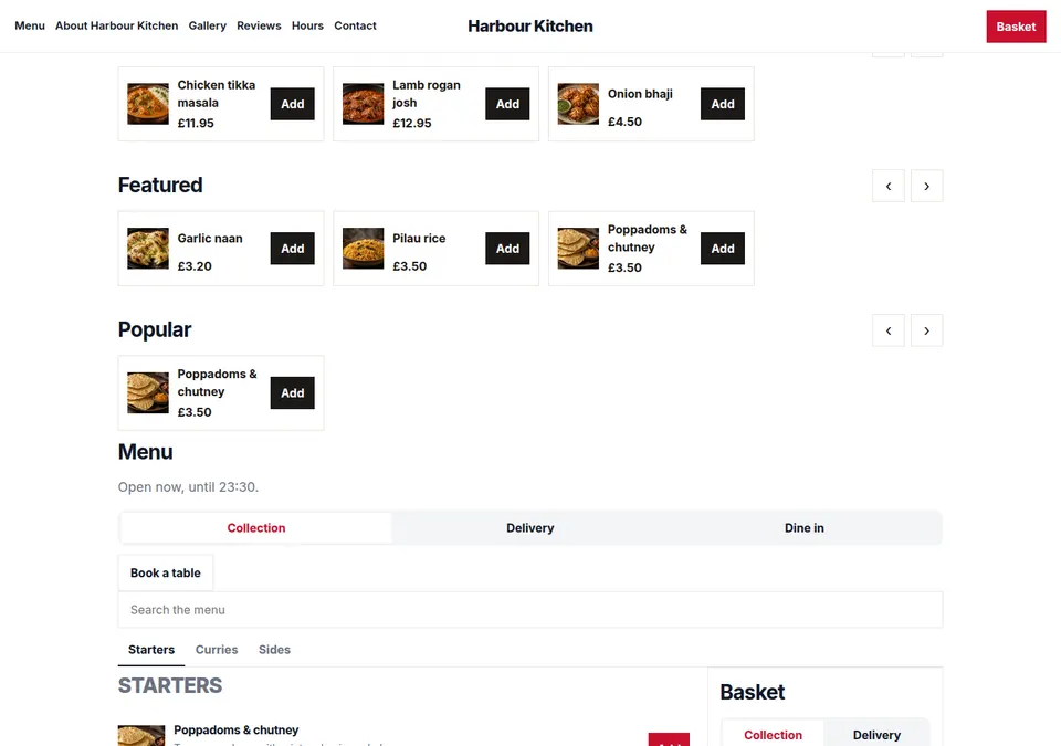 Harbour Kitchen ordering site, collection and delivery, on a desktop browser