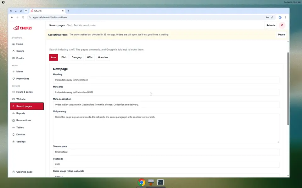 Chefzi search pages editor for a restaurant website