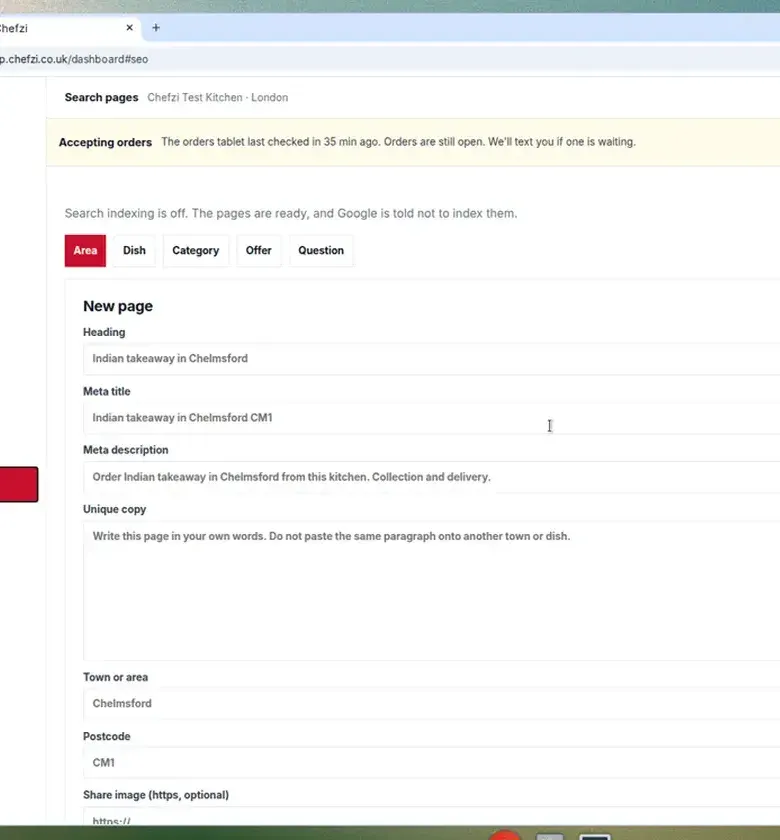 Chefzi search pages editor for a restaurant website