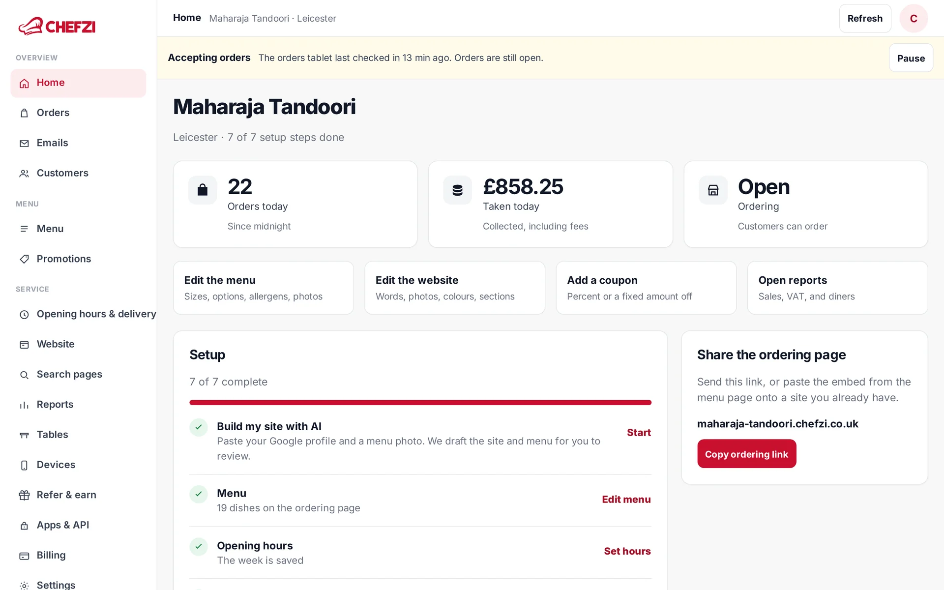 Chefzi dashboard overview: orders today, sales, open status, setup checklist and the link to share the ordering page