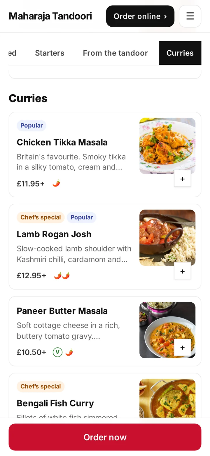 Chefzi ordering site on a phone: the Curries section with dish descriptions, labels, prices and add buttons