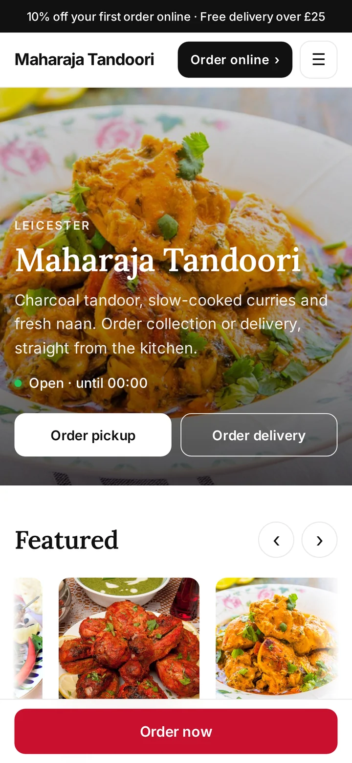 Chefzi ordering site on a phone: the restaurant homepage with Order pickup and Order delivery buttons and featured dishes