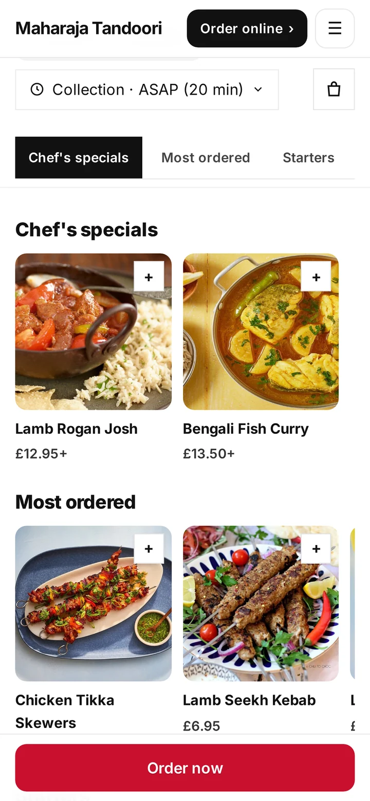 Real Chefzi ordering site on a phone: the menu with Chef's specials and prices